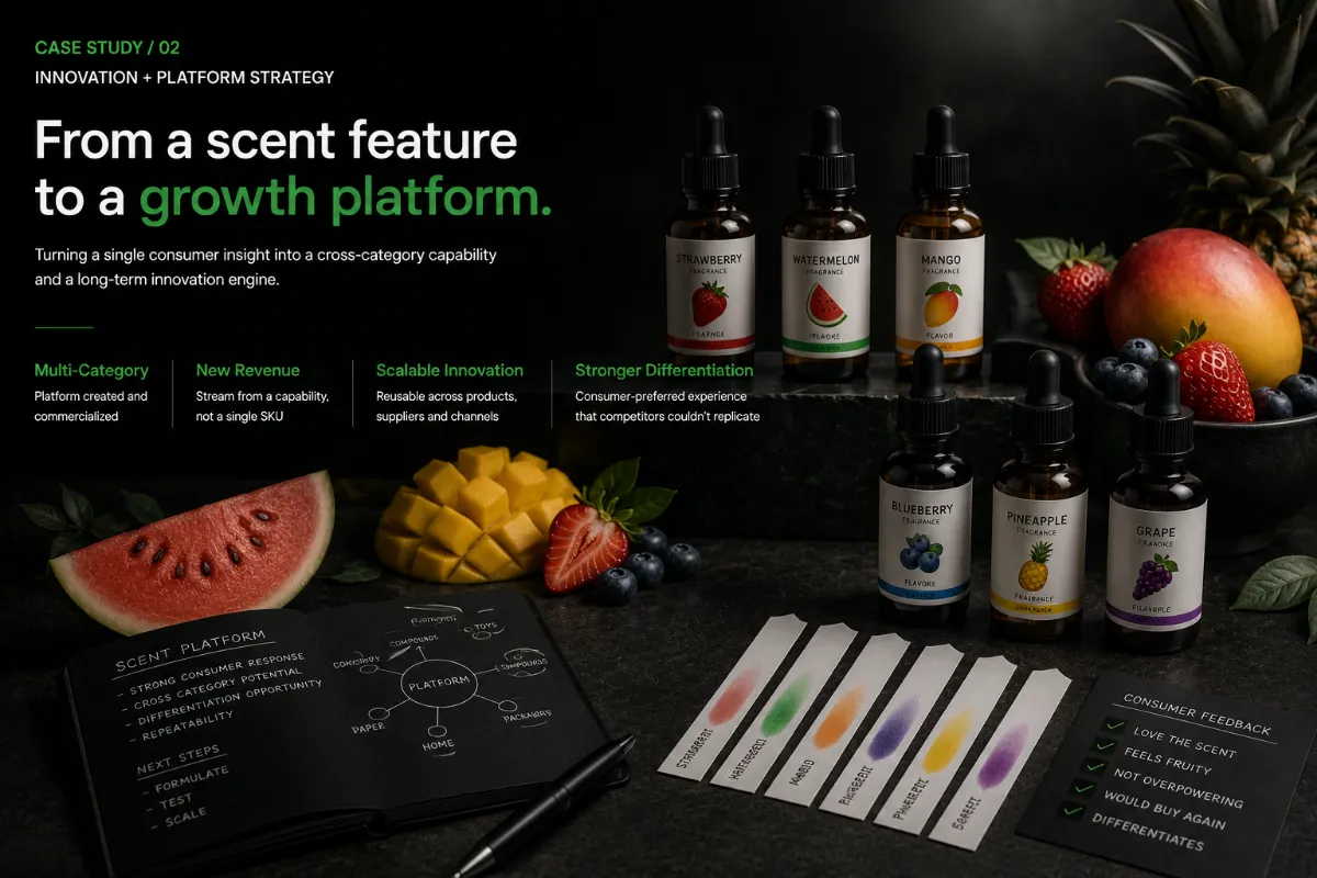 Fruit fragrance dropper bottles and scent test strips on a dark background